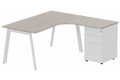 Plan compact 90° asymétrique avec caisson HB métal 160 x 162 x 80 / 60 cm, 3 tiroirs, plateau acacia, structure blanc