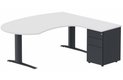 K1 POUTRE compact 90° manager 190x141x104x60cm sur caisson HB métal 3 tiroirs, plateau blanc, structure anthracite