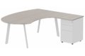 Plan compact 90° manager sur caisson HB métal 190 x 141 x 104 x 60 cm, 3 tiroirs, plateau acacia, structure blanc