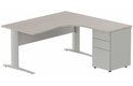K1 VDF METAL Compact 90° asymétrique 180x162x80/60cm retour à droite avec caisson HB métal 3 tiroirs, plateau acacia, struct