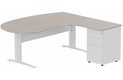K1 VDF métal compact 90° manager 190x141x104x60cm sur caisson HB métal 3 tiroirs, plateau acacia, structure blanc