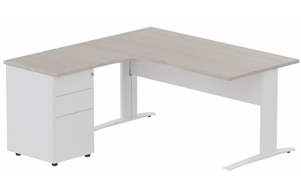 Gamme K1 - Plans compacts - K1 VDF METAL Compact 90° asymétrique 160x162x80/60cm retour à gauche avec caisson HB métal 3 tiroirs, plateau acacia, struct