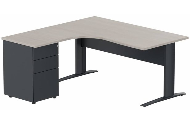 Gamme K1 - Plans compacts - K1 VDF METAL Compact 90° asymétrique 160x162x80/60cm retour à gauche avec caisson HB métal 3 tiroirs, plateau acacia, struct
