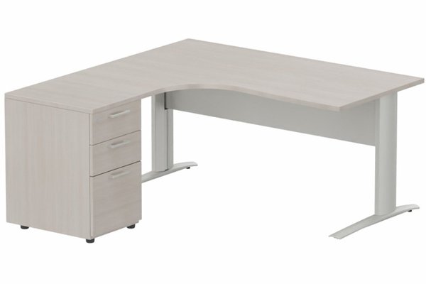 Gamme K1 - Plans compacts - K1 VDF METAL Compact 90° asymétrique 160x162x80/60cm retour à gauche avec caisson HB bois 3 tiroirs, plateau acacia, structur