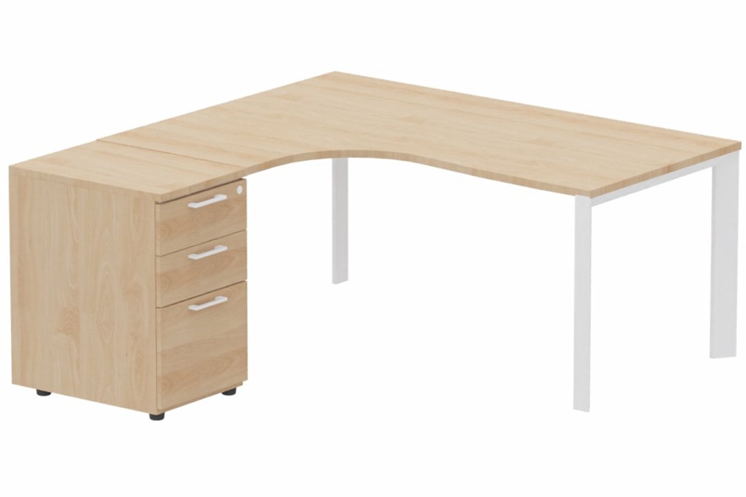 Plan Compact 90° asymétrique 160x162x80/60cm retour à gauche avec caisson HB bois 3 tiroirs hêtre/blanc