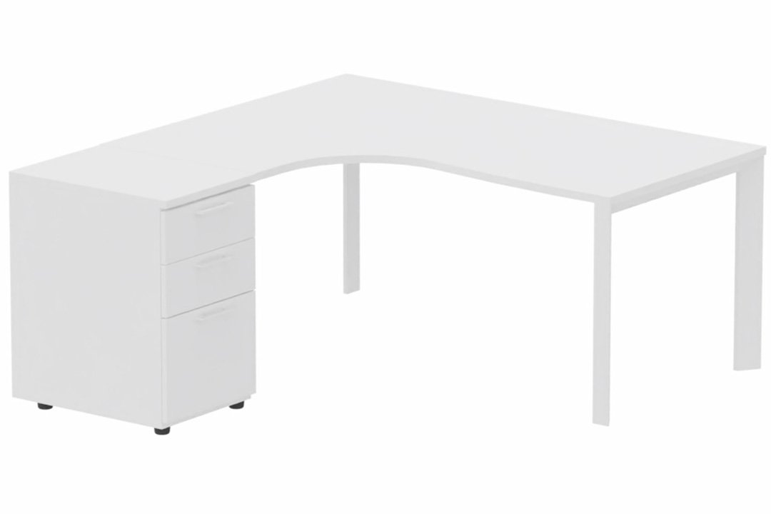 Plan Compact 90° asymétrique 160x162x80/60cm retour à gauche avec caisson HB bois 3 tiroirs blanc/blanc - sur délai