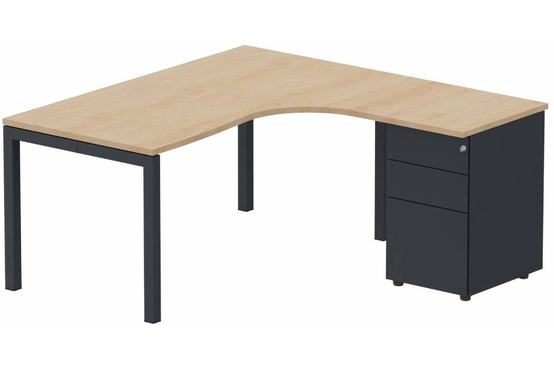 Plan Compact 90° asymétrique 180x162x80/60cm retour à droite avec caisson HB métal 3 tiroirs hêtre/anthracite