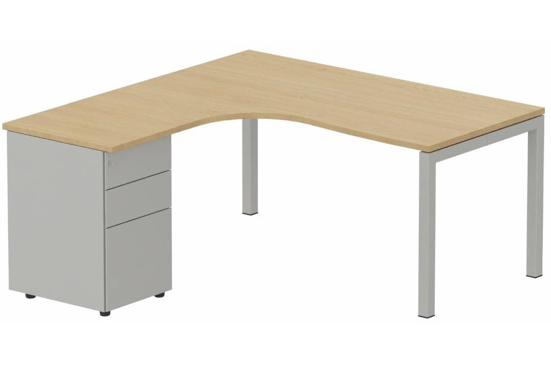 K3- Plan compact 90° asymétrique 180x162x80/60cm avec caisson HB métal 3 tiroirs - retour à gauche Finitions- Plateau et top caisson : Chêne (CE) / Piétements et caisson : Alu