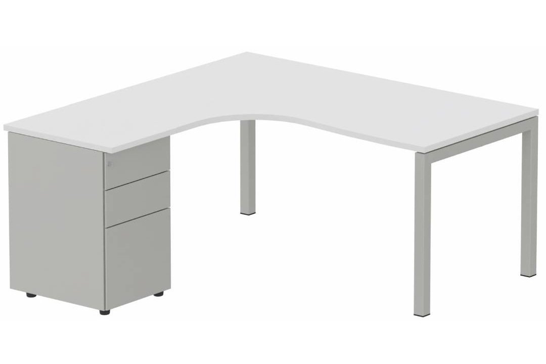 Plan Compact 90° asymétrique 180x162x80/60cm retour à gauche avec caisson HB métal 3 tiroirs blanc/aluminium
