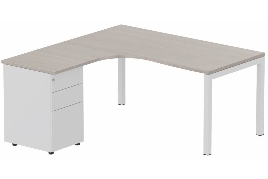 Plan Compact 90° asymétrique 180x162x80/60cm retour à gauche avec caisson HB métal 3 tiroirs, acacia/blanche