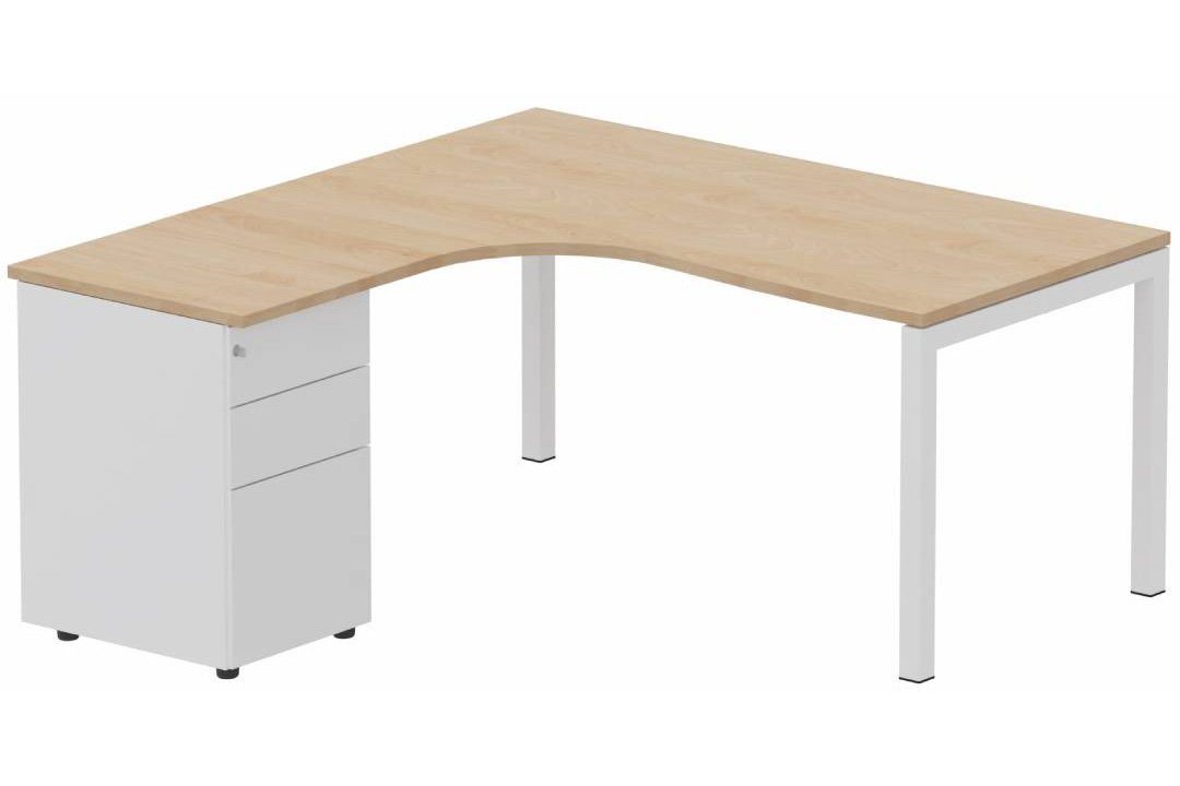 Plan Compact 90° asymétrique 180x162x80/60cm retour à gauche avec caisson HB métal 3 tiroirs hêtre/blanc