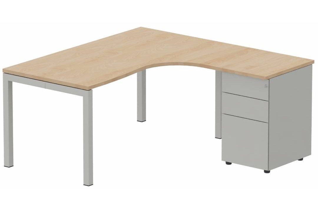 Plan Compact 90° asymétrique 160x162x80/60cm retour à droite avec caisson HB métal 3 tiroirs hêtre/aluminium