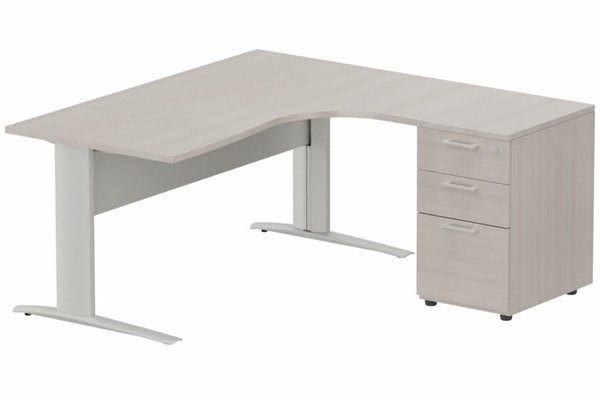 Gamme K1 - Plans compacts - K1 VDF METAL Compact 90° asymétrique 160x162x80/60cm retour à droite avec caisson HB bois 3 tiroirs, plateau acacia, structur