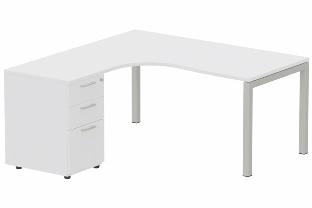 Plan Compact 90° asymétrique 180x162x80/60cm retour à gauche avec caisson HB bois 3 tiroirs blanc/aluminium - sur délai