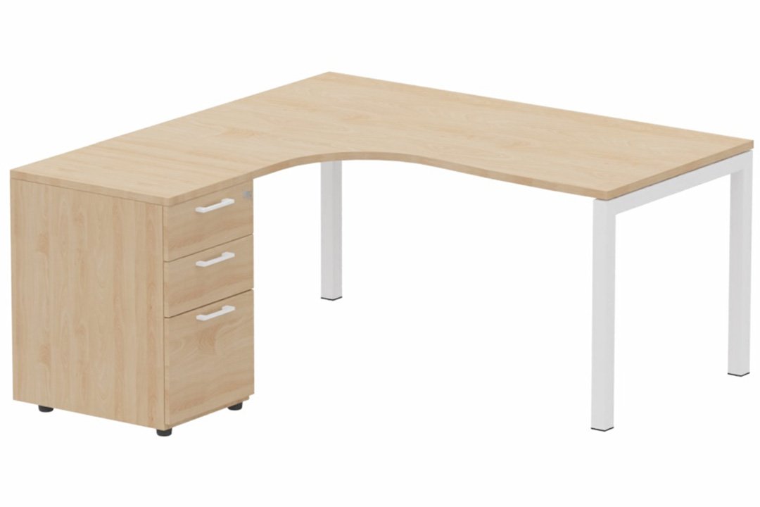 Plan Compact 90° asymétrique 180x162x80/60cm retour à gauche avec caisson HB bois 3 tiroirs hêtre/blanc