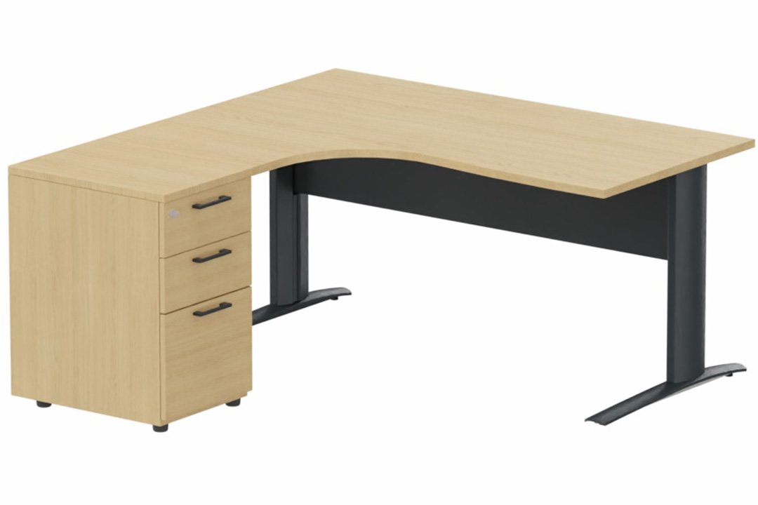 K1 Voile de fond Métal - Plan compact 90° asymétrique 160x162x80/60cm avec caisson HB bois 3 tiroirs - retour à gauche -Finitions : PLATEAUX: CHENE (CE) / PIETEMENTS: ANTHRACITE (AN) / CAISSONS MELAMINE: CHENE (CE)