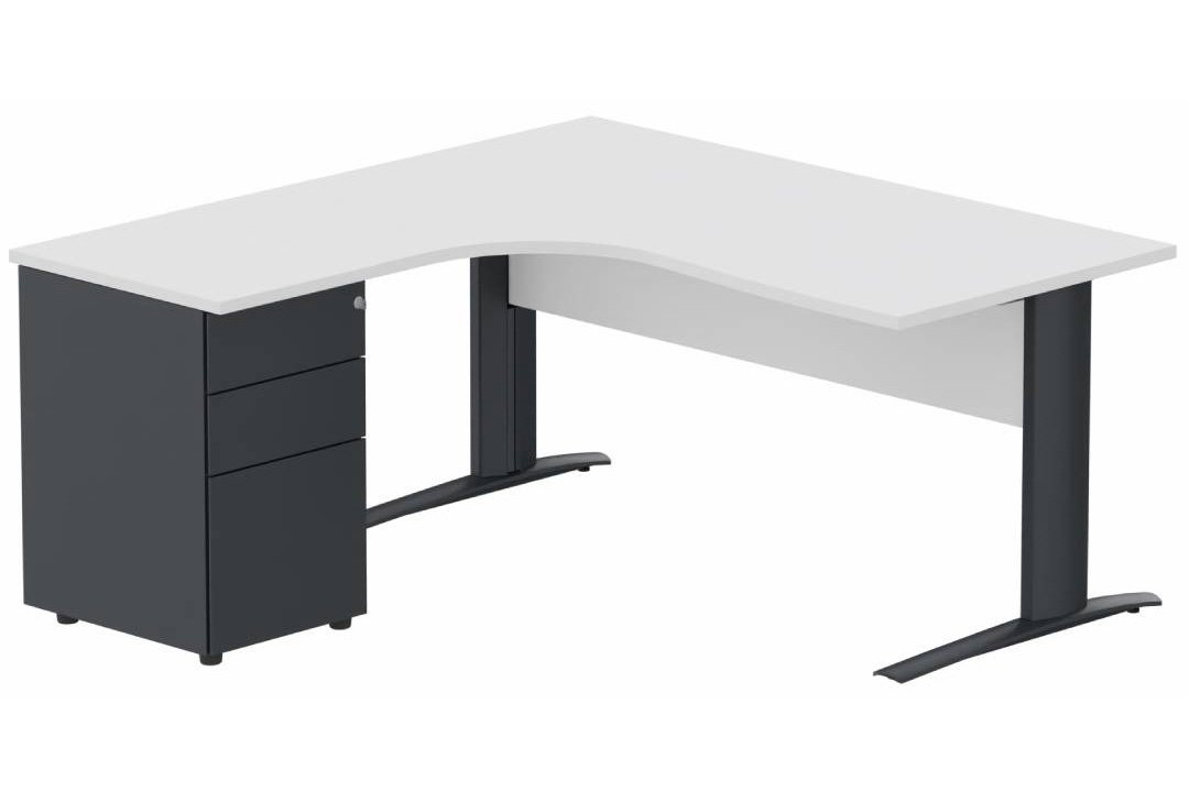 K1 Voile de fond Bois- Plan compact 90° asymétrique 180x162x80/60cm avec caisson HB métal 3 tiroirs - retour à gauche -Finitions : PLATEAUX: BLANC (BL) / PIETEMENTS: ANTHRACITE (AN) / CAISSONS METALLIQUES: ANTHRACITE (AN)