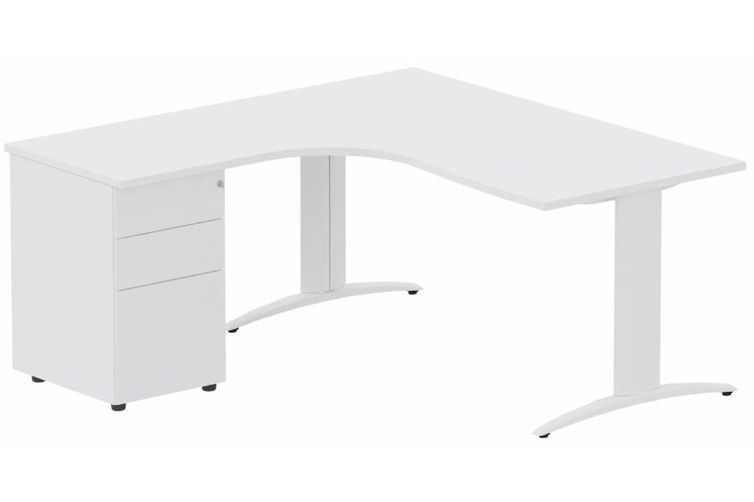 Plan Compact 90° asymétrique 180x162x80/60cm retour à gauche avec caisson HB métal 3 tiroirs blanc/blanc - sur délai