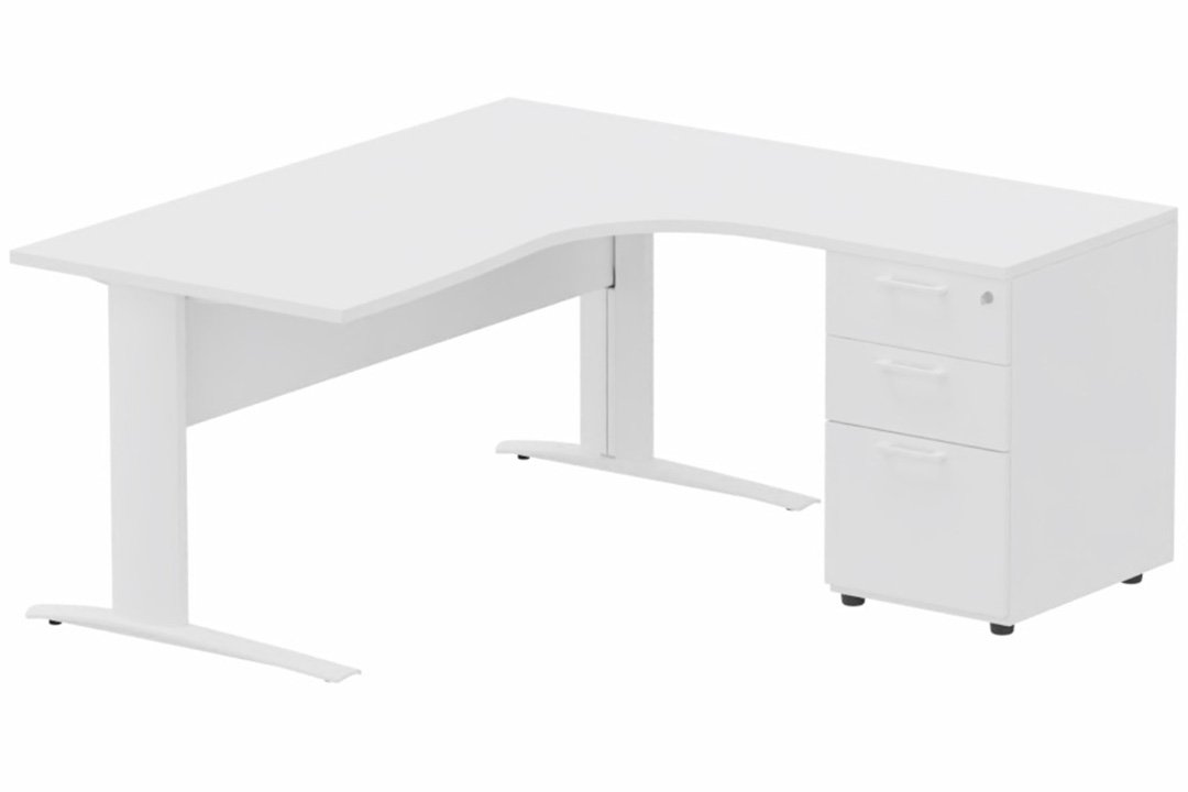 K1 VDF METAL Compact 90° asymétrique 160x162x80/60cm retour à droite avec caisson HB bois 3 tiroirs blanc/blanc - sur délai