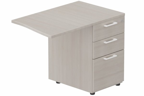Gamme K7 - Extensions - Plans vagues - Retour vague à droite 90x60cm sur caisson porteur bois 3 tiroirs, plateau acacia, structure blanc