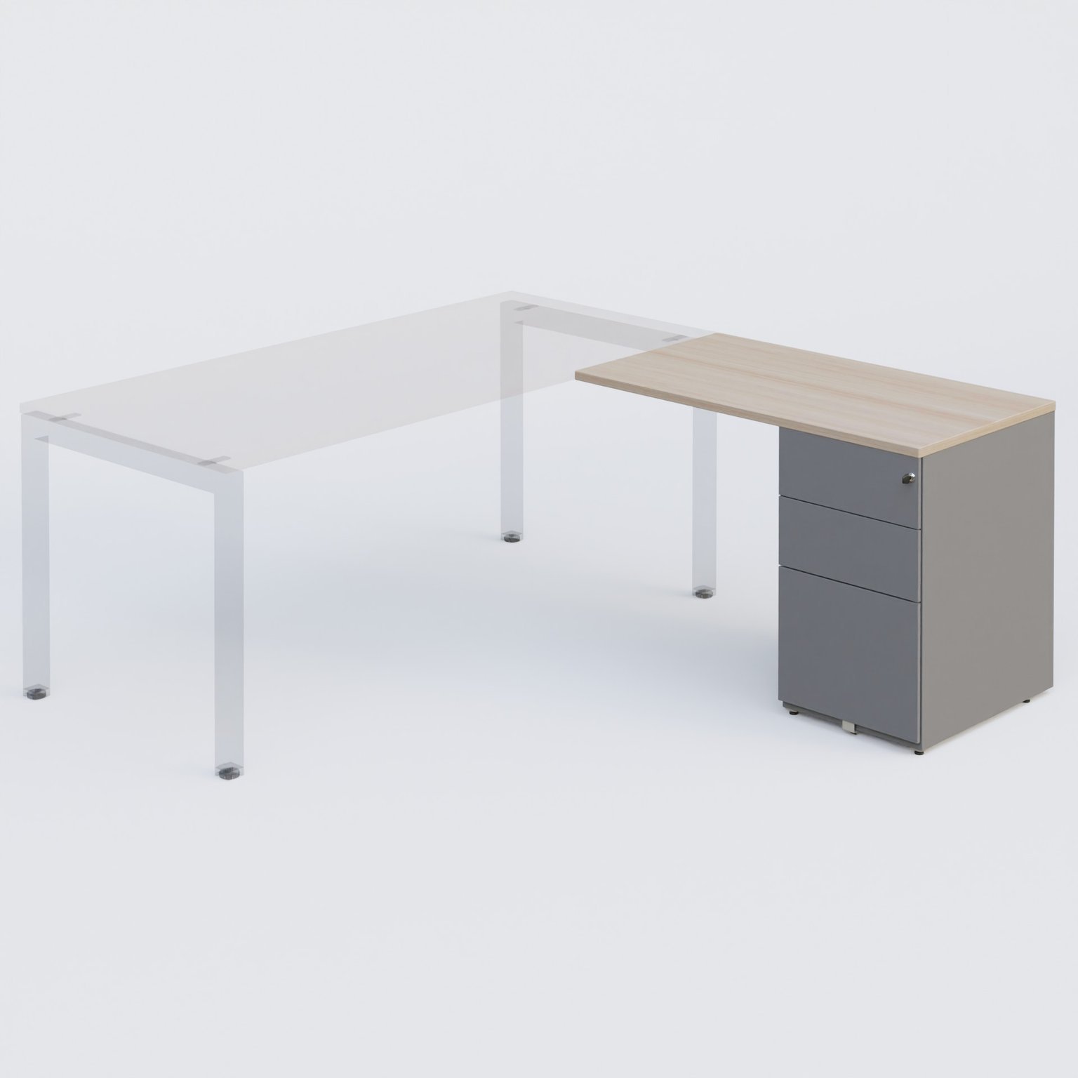 Retour direct 100x60cm sur caisson métal HB P.60cm 3 tiroirs, plateau acacia, structure aluminium