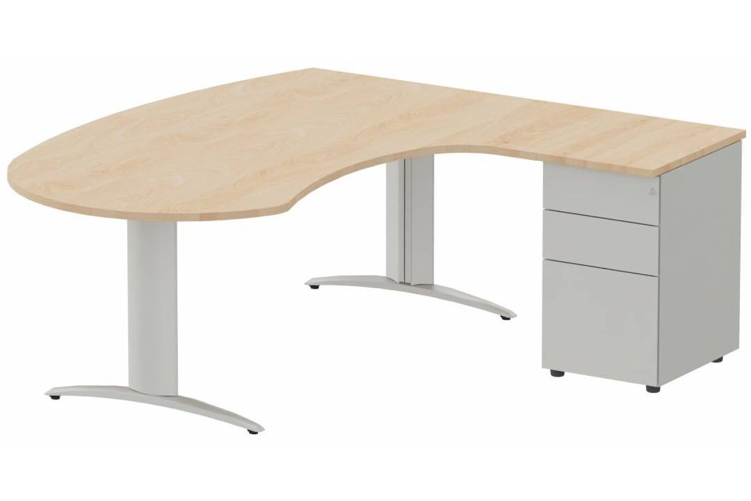 K2 compact 90° manager 190x141x104x60cm sur caisson HB métal 3 tiroirs, plateau hêtre, structure aluminium
