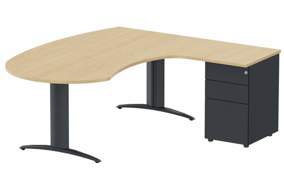 K2- Plan compact 90° asymétrique Manager 190x183x104x60cm avec caisson HB métal 3 tiroirs - retour à droite -Finitions = Plateau et top de finition : Chêne (CE) / Piétements : Anthracite / Caisson : Anthracite 