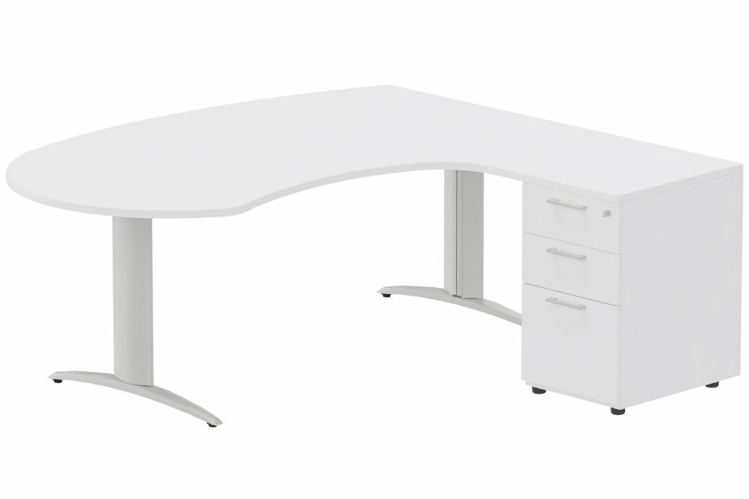 K2 compact 90° manager 190x141x104x60cm sur caisson HB mélamine 3 tiroirs, plateau blanc, structure aluminium