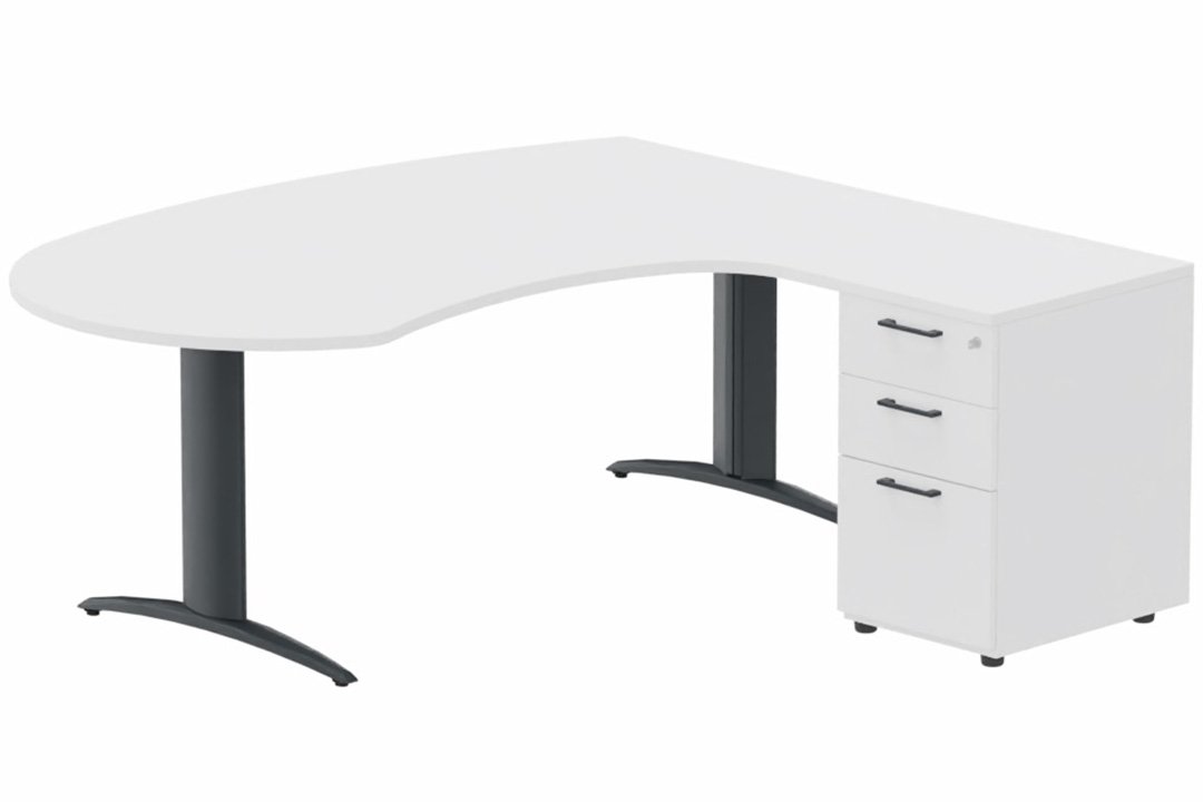 K2 compact 90° manager 190x141x104x60cm sur caisson HB mélamine 3 tiroirs, plateau blanc, structure anthracite