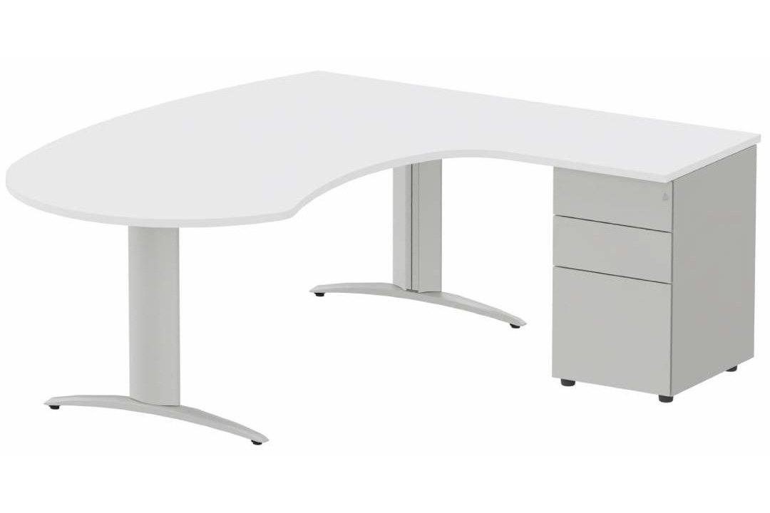 K2 compact 90° manager 190x141x104x60cm sur caisson HB métal 3 tiroirs, plateau blanc, structure aluminium