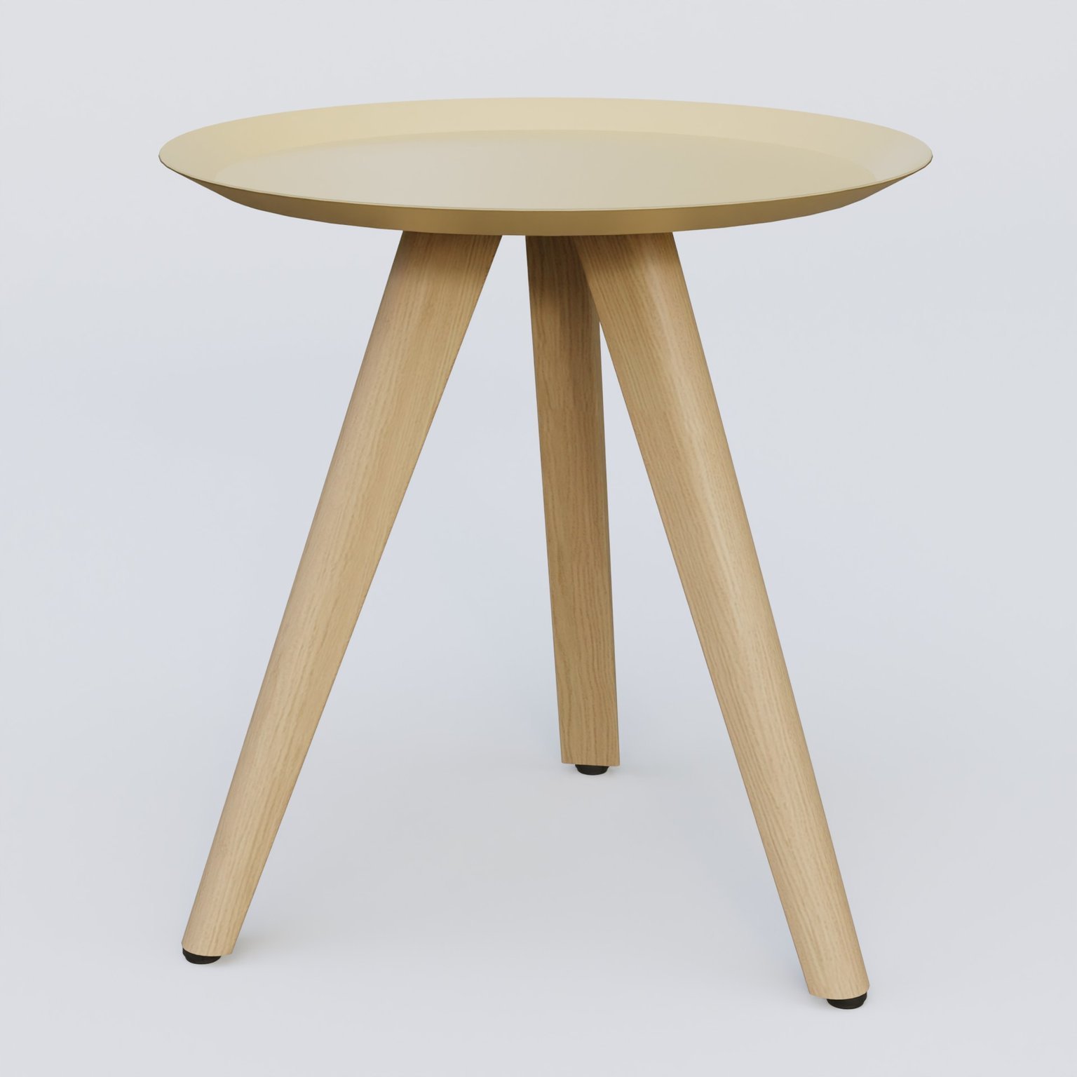 Table Basse Fashion Styl piètement 3 pieds bois et plateau métal. Plateau Jaune Cuivre (RAL 1002) et pietement Chêne.