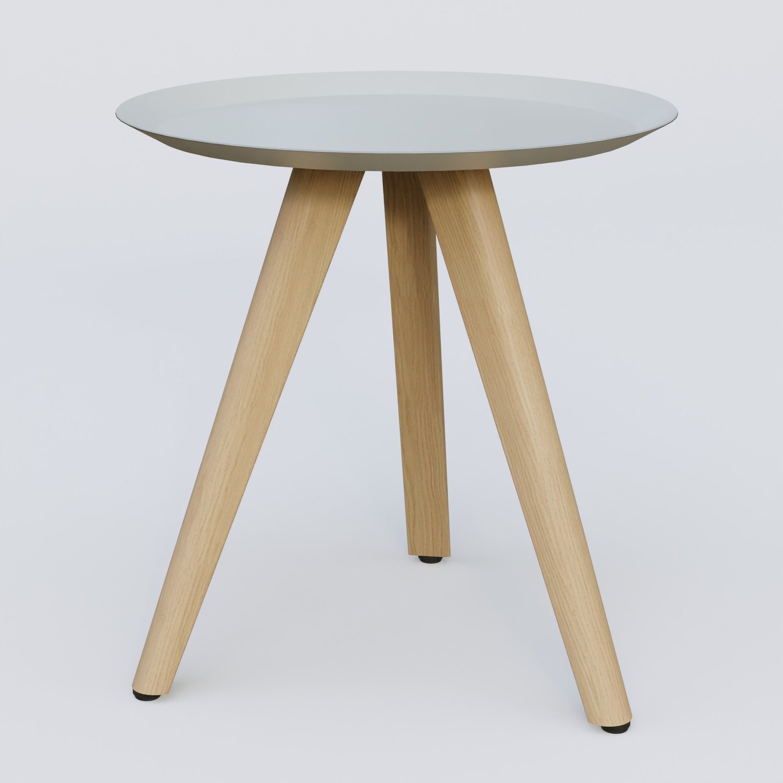 Table Basse Fashion Styl piètement 3 pieds bois et plateau métal. Plateau Gris (RAL 7038) et pietement Chêne.