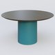 Table Basse Fashion Styl piètement colonne en métal D-26cm et plateau bois. Plateau Chêne Moka et pietement Bleu Petrole (RAL 5025).
