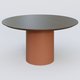 Table Basse Fashion Styl piètement colonne en métal D-26cm et plateau bois. Plateau Chêne Moka et pietement Brun cuivré (RAL 8004).