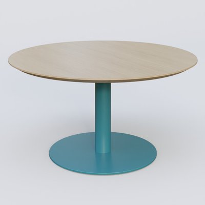 [Pas de famille] - [Pas de sous famille] - Table Basse Fashion Styl piètement colonne en métal et plateau bois. Plateau Chêne et pietement Bleu Petrole (RAL 5025).