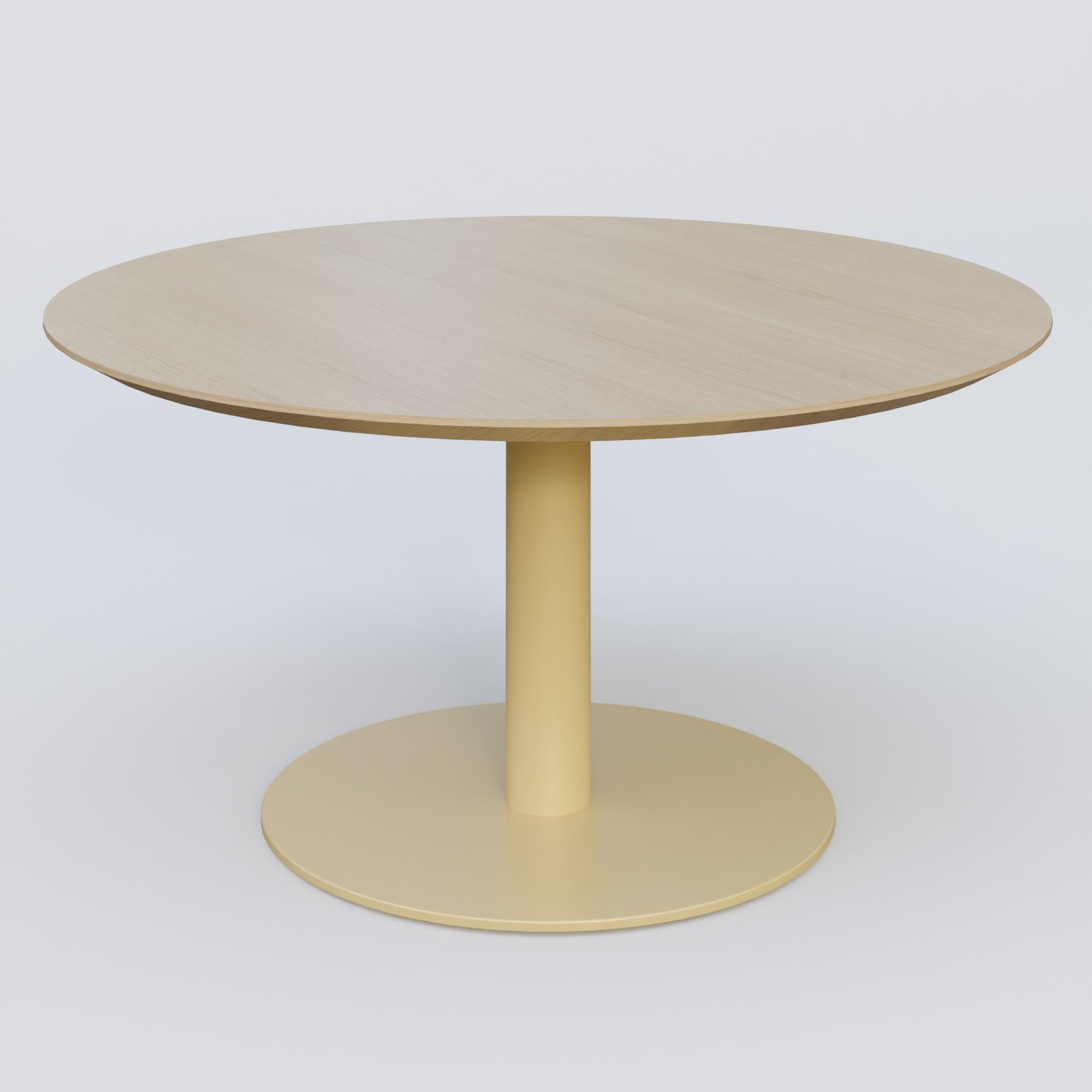 Table Basse Fashion Styl piètement colonne en métal et plateau bois. Plateau Chêne et pietement Jaune Cuivre (RAL 1002).