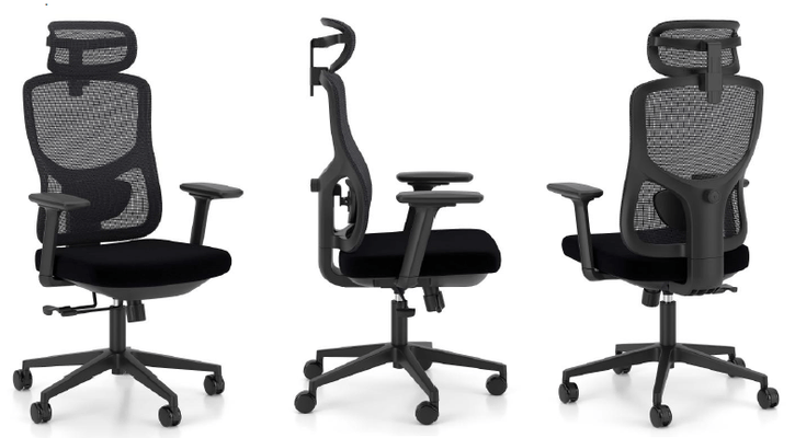 [Pas de famille] - [Pas de sous famille] - Fauteuil de travail synchrone ELISE avec tétiere- Lombaire 3D – Glissière d’assise – Dossier déporté réglable en hauteur - Accotoirs 4D tissu noir