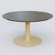 Table Basse Fashion Styl piètement colonne en métal et plateau bois. Plateau Chêne Moka et pietement Jaune Cuivre (RAL 1002).