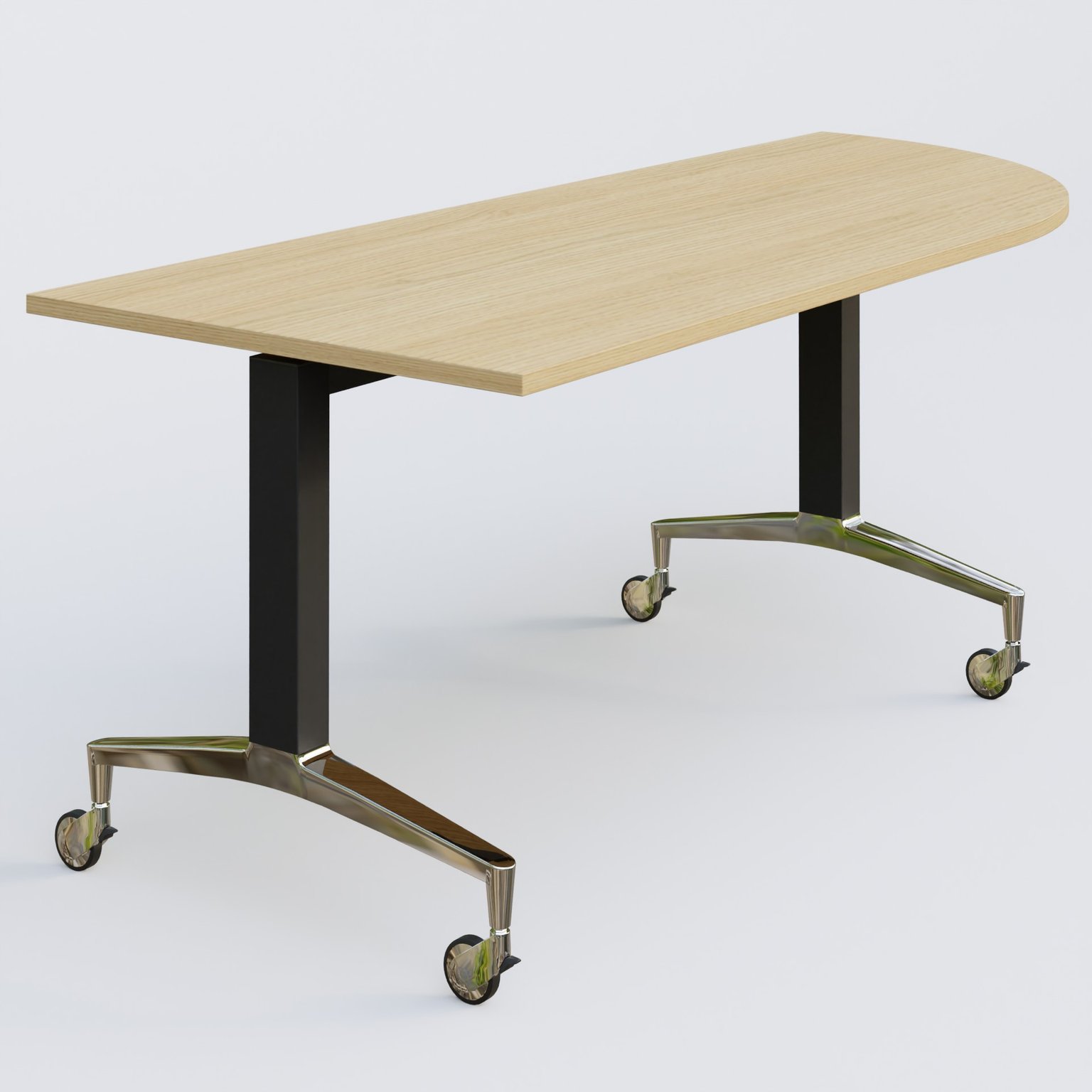 Module d'angle à 90° intégré coté droit de la gamme LEM 200-110 cm. Plateau Chêne clair et pietement Noir/Chrome.