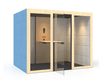 Silent Room L avec parois externes rembourrées et panneau arrière vitré, parois internes rembourrées, paroi centrale interne frontale avec système de commande, portes en verre et plafond en mélamine, coloris Berta