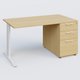 K1 Plateau droit 140x80 avec caisson porteur sous plateau mélamine à droite. Plateau Chêne clair et pietement Blanc