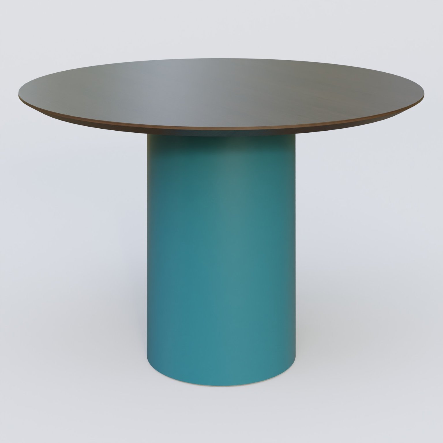 Table Basse Fashion Styl piètement colonne en métal D-26cm et plateau bois. Plateau Chêne Moka et pietement Bleu Petrole (RAL 5025).