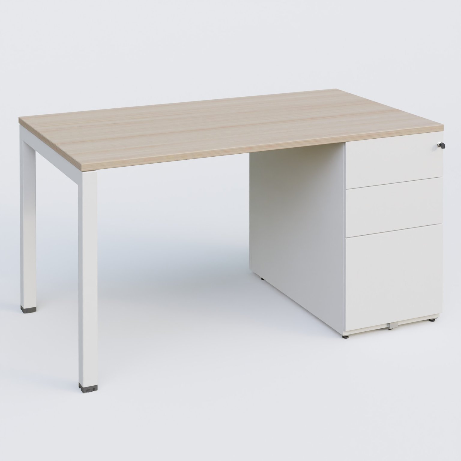 K3 Plateau droit 140x80 avec caisson métalique sous le plateau. Plateau Acacia et pietement Blanc