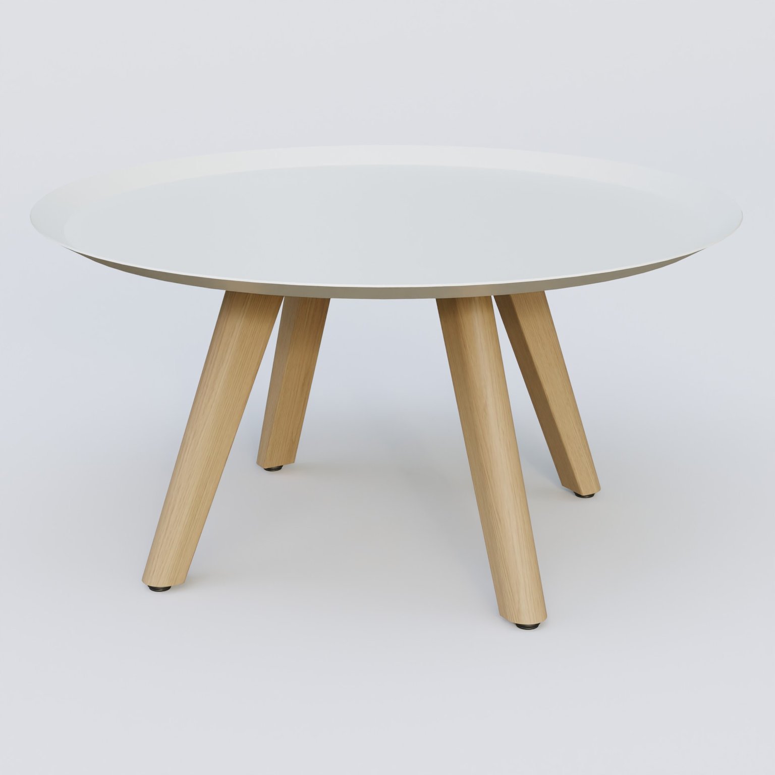 Table Basse Fashion Styl piètement 3 pieds bois et plateau métal. Plateau Blanc (RAL 9010) et pietement Chêne.