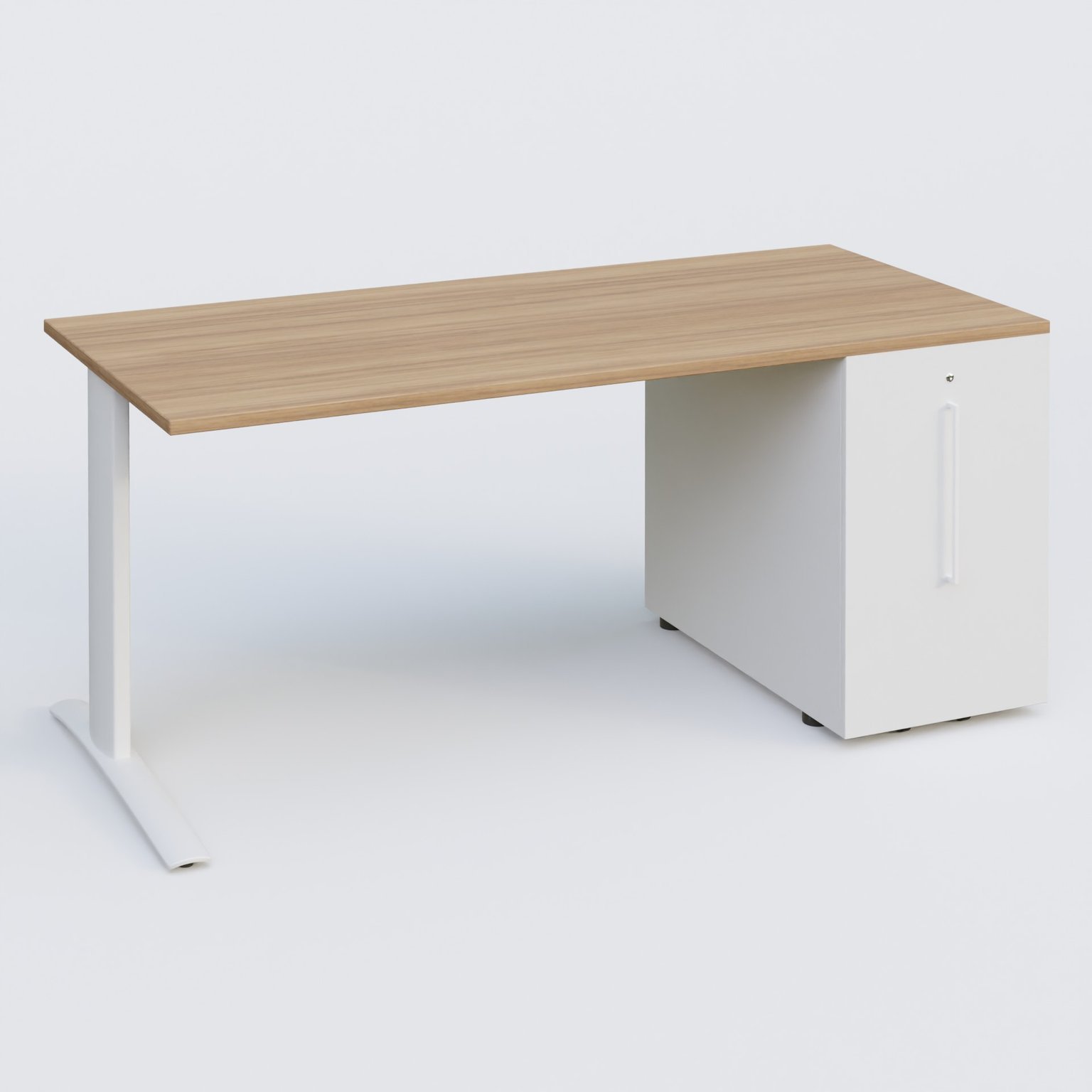 K1 Plateau droit 160x80 avec tour de rangement sous plateau à droite. Plateau Noyer et pietement Blanc