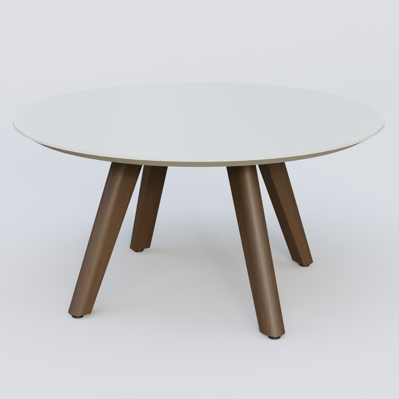 Table Basse Fashion Styl piètement 3 pieds en bois et plateau bois. Plateau Blanc (RAL 9010) et pietement Chêne Moka.