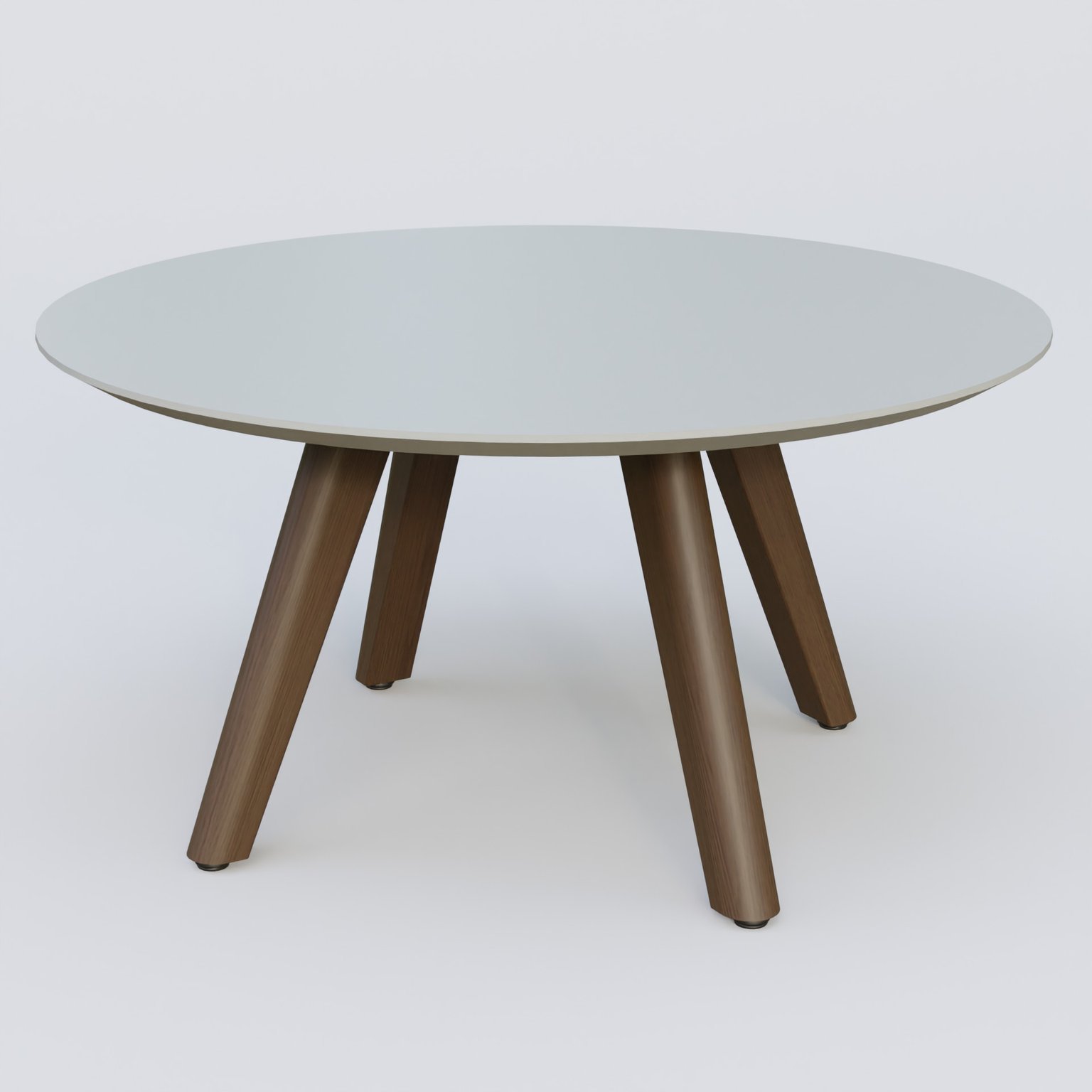 Table Basse Fashion Styl piètement 3 pieds en bois et plateau bois. Plateau Gris (RAL 7038) et pietement Chêne Moka.