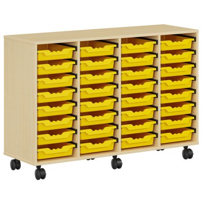 SCOLAIRE - Decouvrir - Meuble PICCOLO mobile mélaminé 32 bacs jaunes - L138,5xP45xH95 cm - Hêtre miel