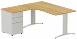 K2 Compact 90° asymétrique 160x162x80/60cm retour à gauche avec caisson HB métal 3 tiroirs noyer /aluminium