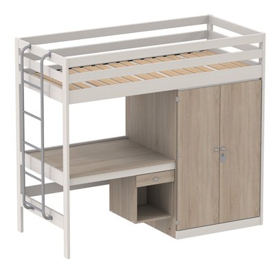 SCOLAIRE - Se Reposer - Lit mezzanine VERCORS II bois armoire à gauche et bureau mélaminé sommier à lattes rigides - 90x200 cm